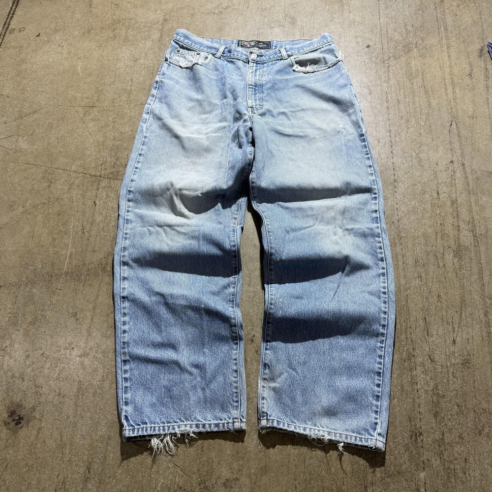 Structure Jeans Mens 36x32 Light Wash Blue Relaxed Wide Leg Distressed Denim - Picture 1 of 7
